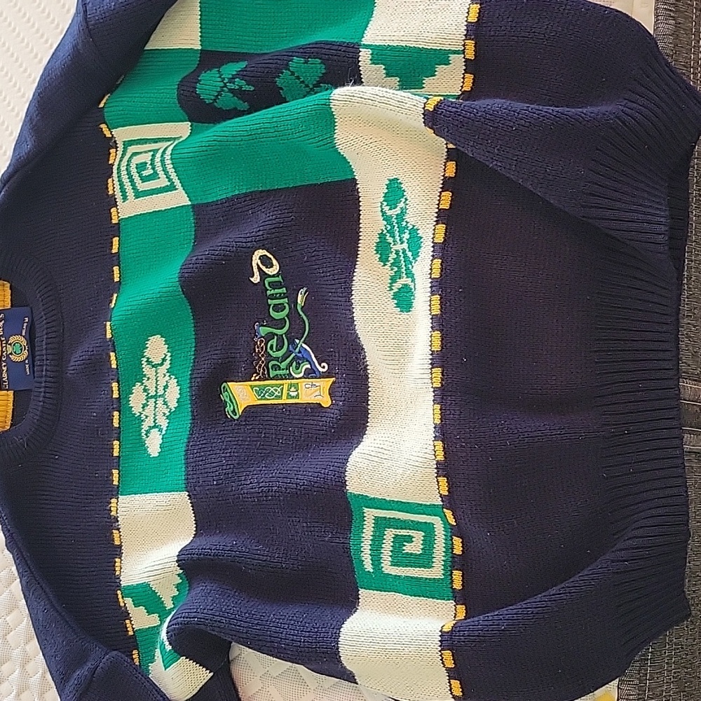 Vtg Blarney Castle Design Irish Shamrock St Patrick's Patty sweater Green Blue M